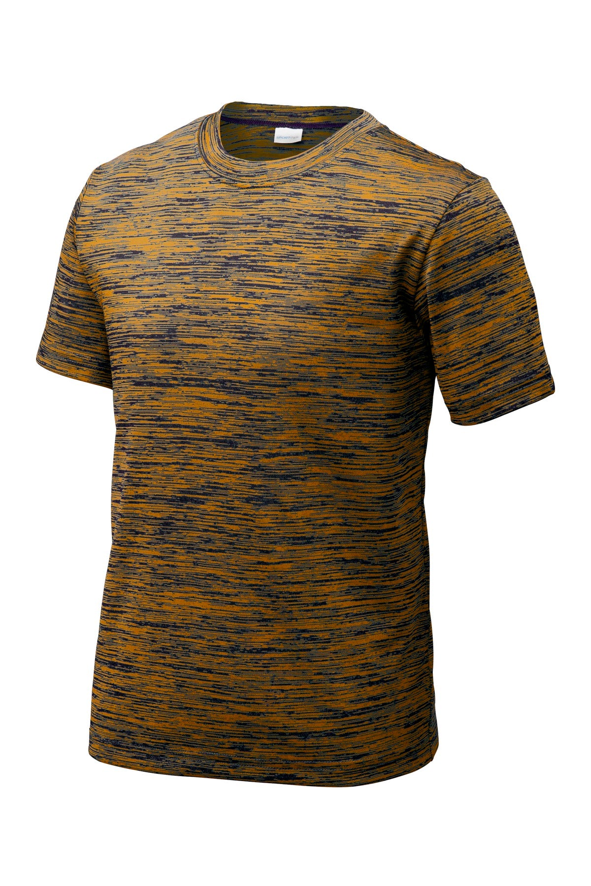 Front View of Gold-Black Ele Sport-Tek Youth PosiCharge Electric Heather Tee. YST390