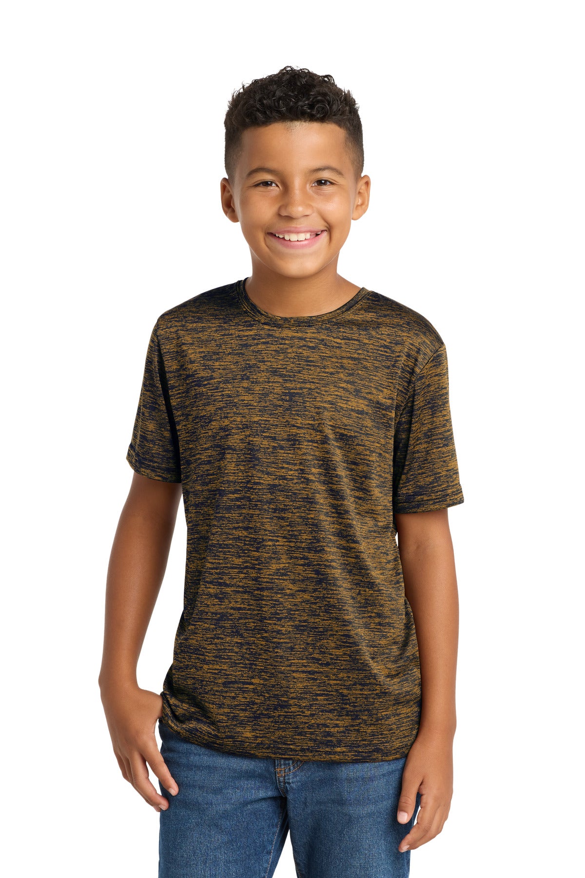 Front View of Gold-Black Ele Sport-Tek Youth PosiCharge Electric Heather Tee. YST390