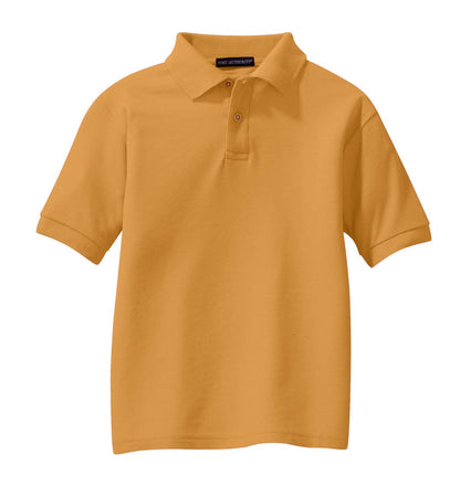 Front View of Gold Port Authority Youth Silk Touch Polo. Y500