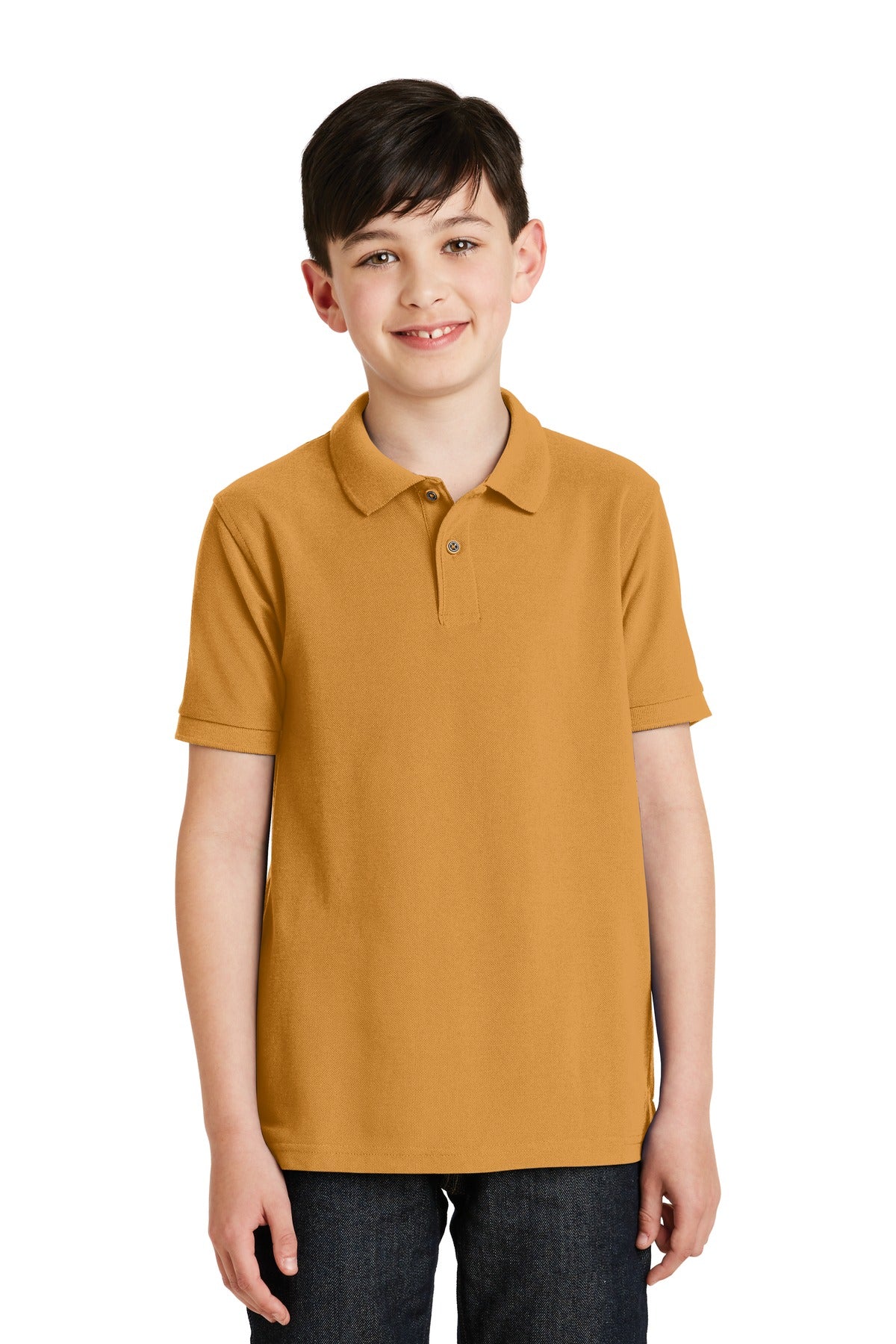 Front View of Gold Port Authority Youth Silk Touch Polo. Y500