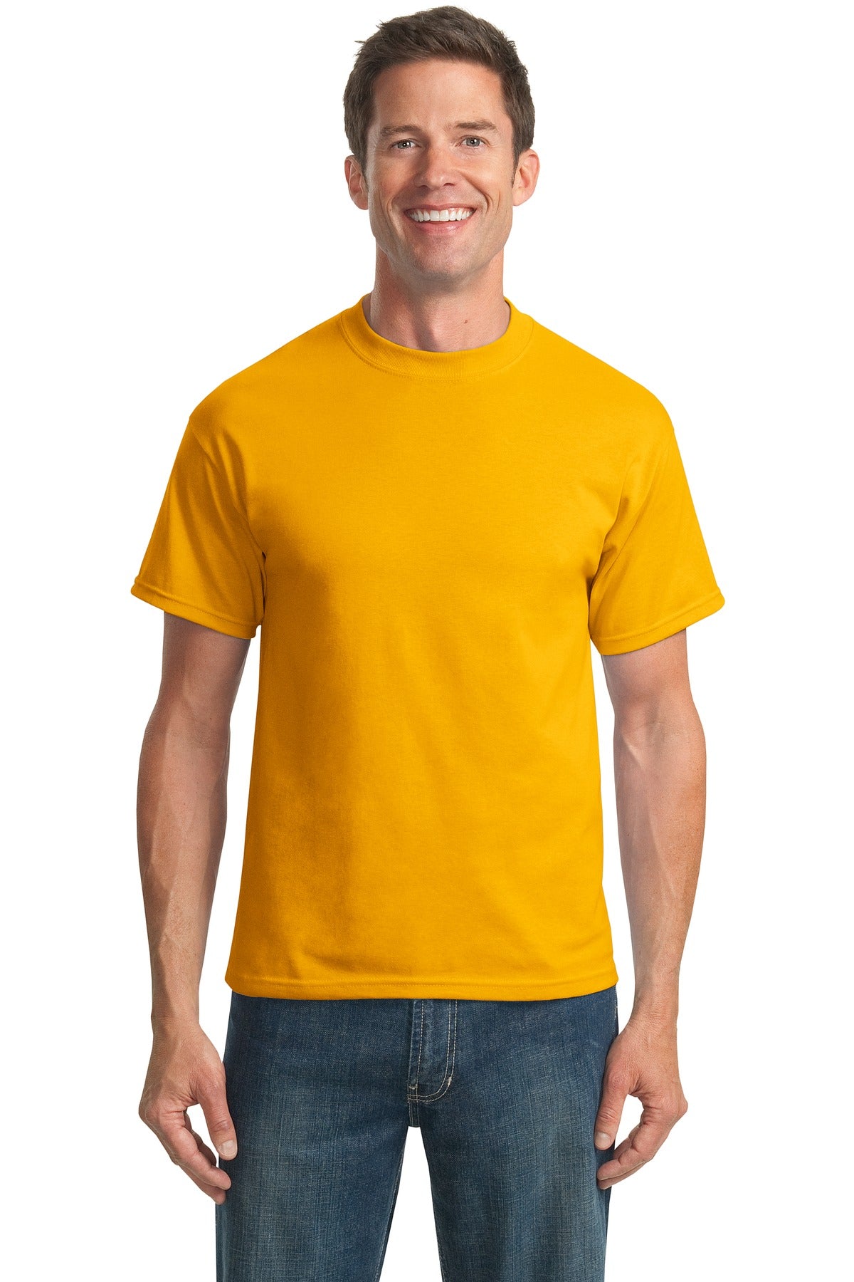 Front View of Gold Port & Company Tall Core Blend Tee. PC55T