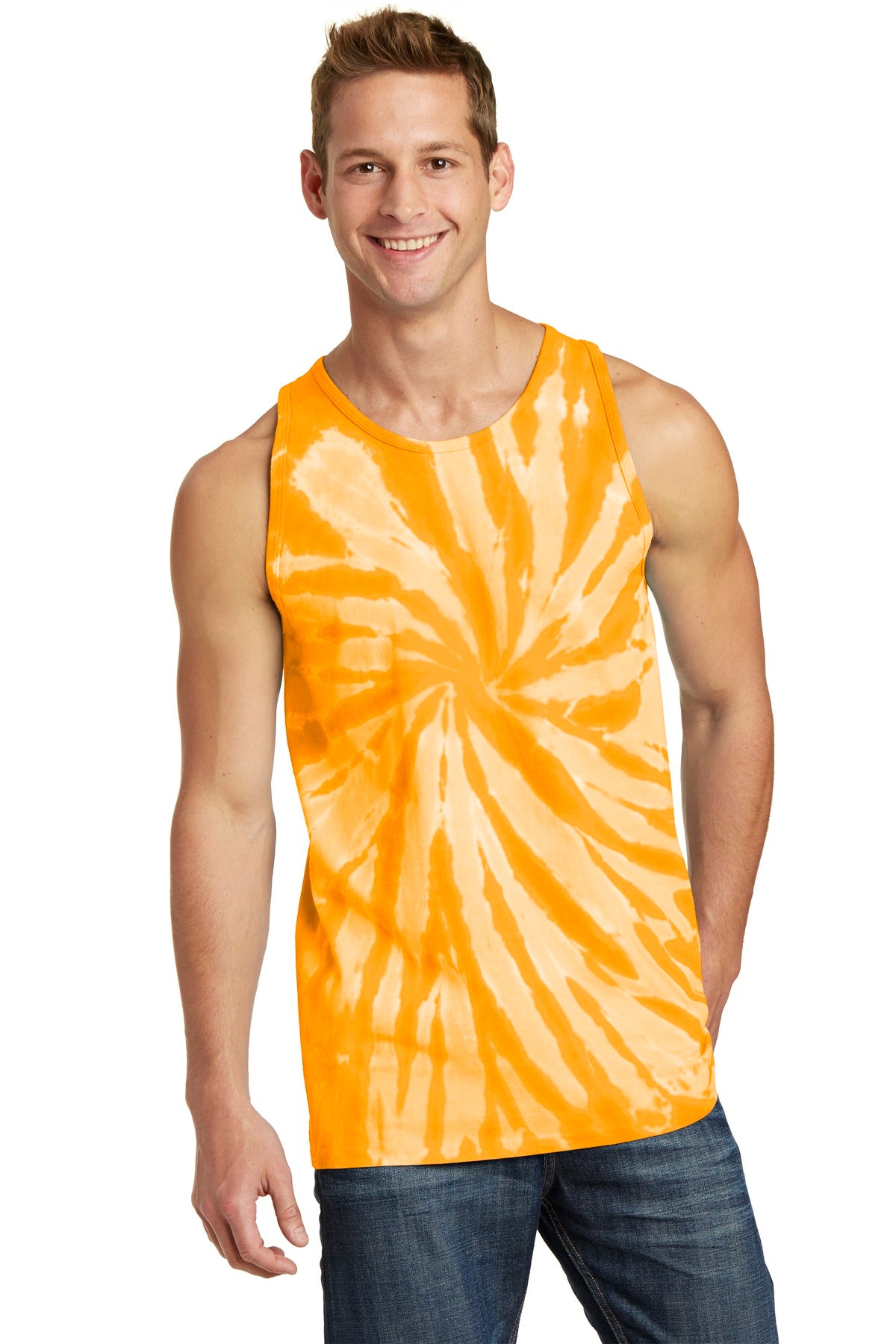 Front View of Gold Port & Company Tie-Dye Tank Top. PC147TT