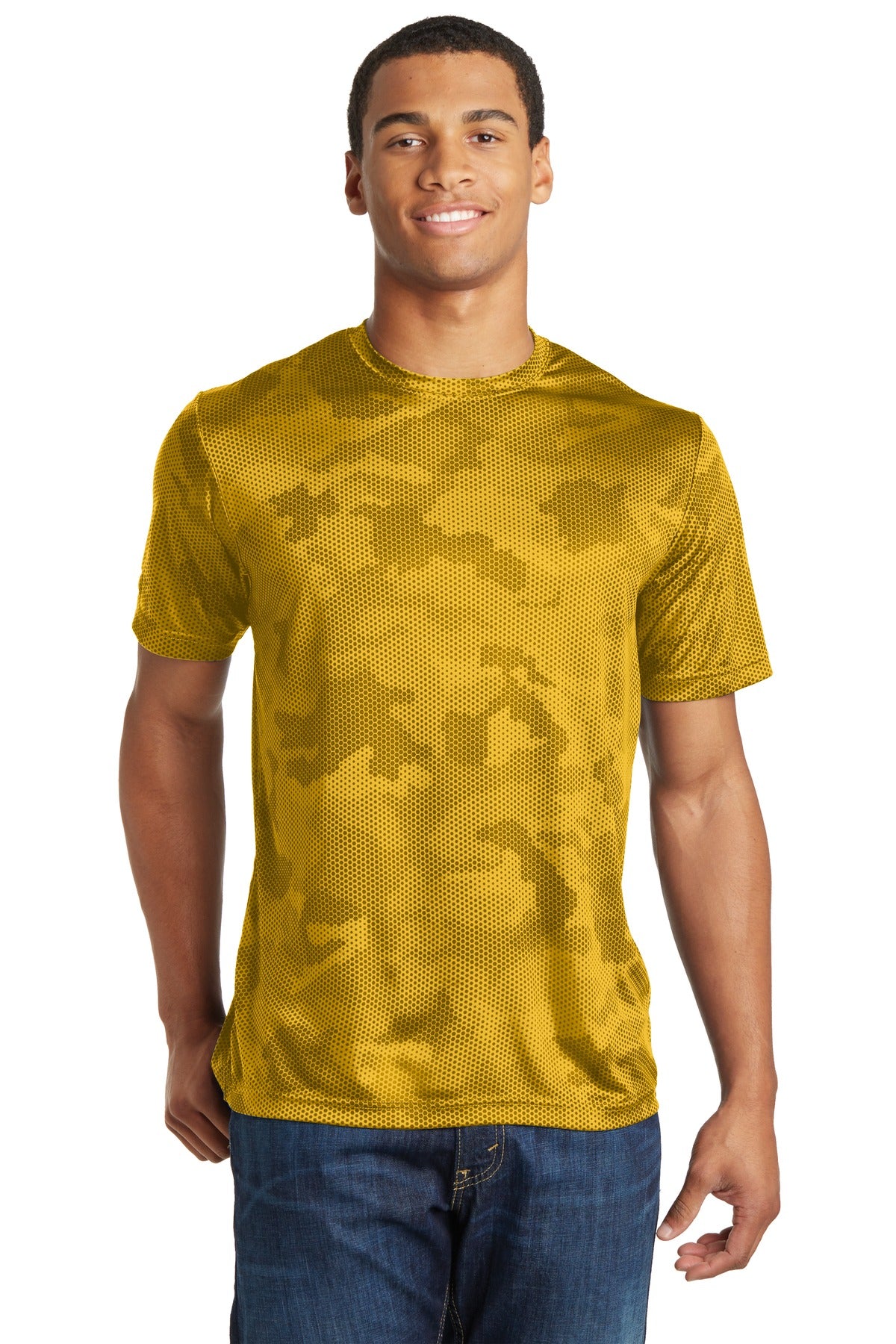 Front View of Gold Sport-Tek CamoHex Tee. ST370