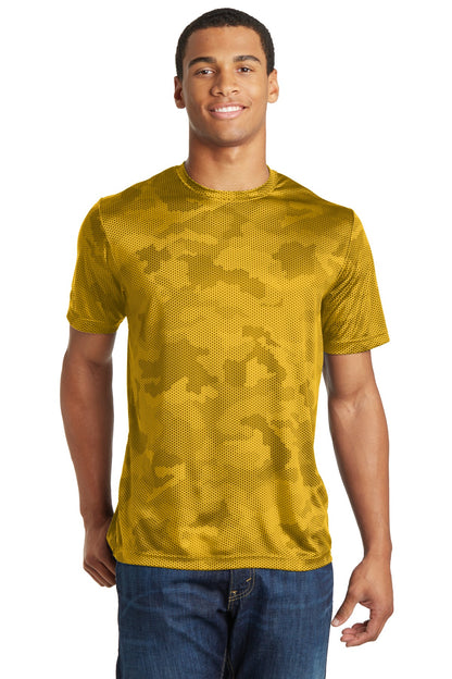 Front View of Gold Sport-Tek CamoHex Tee. ST370