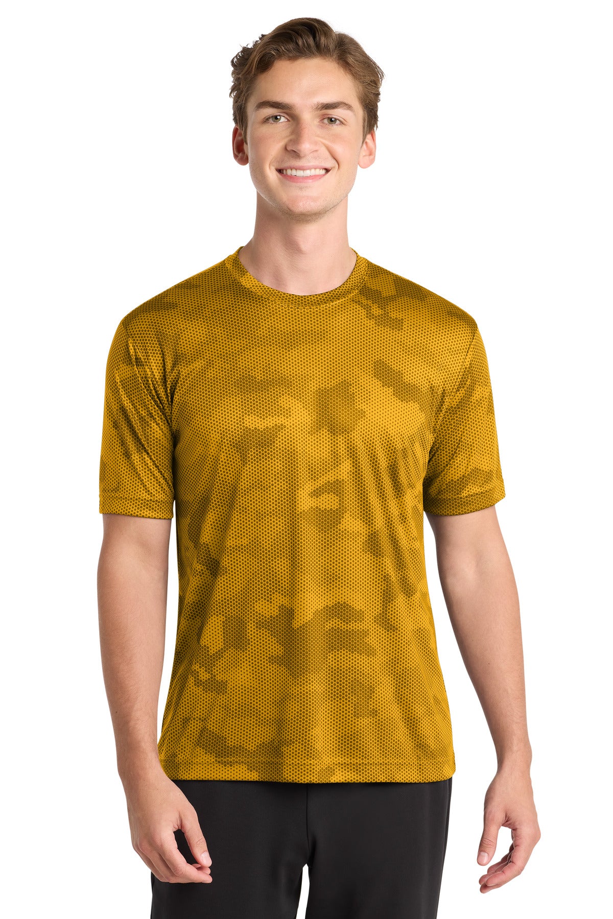 Front View of Gold Sport-Tek CamoHex Tee. ST370