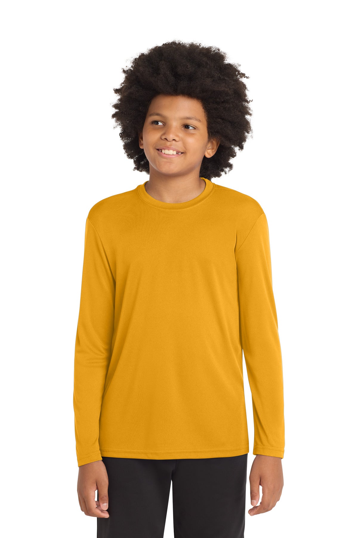 Front View of Gold Sport-Tek Youth Long Sleeve PosiCharge Competitor Tee. YST350LS