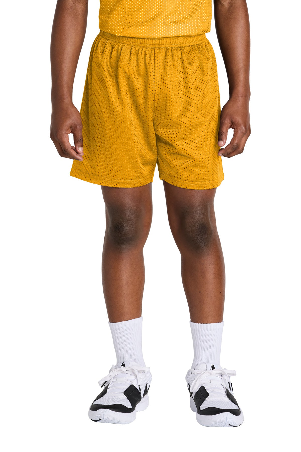Front View of Gold Sport-Tek Youth PosiCharge Mesh 5" Short YST5100