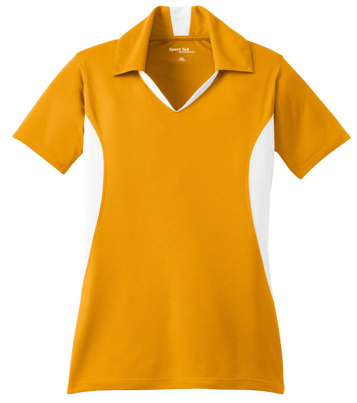 Front View of Gold/White Sport-Tek Women's Side Blocked Micropique Sport-Wick Polo. LST655