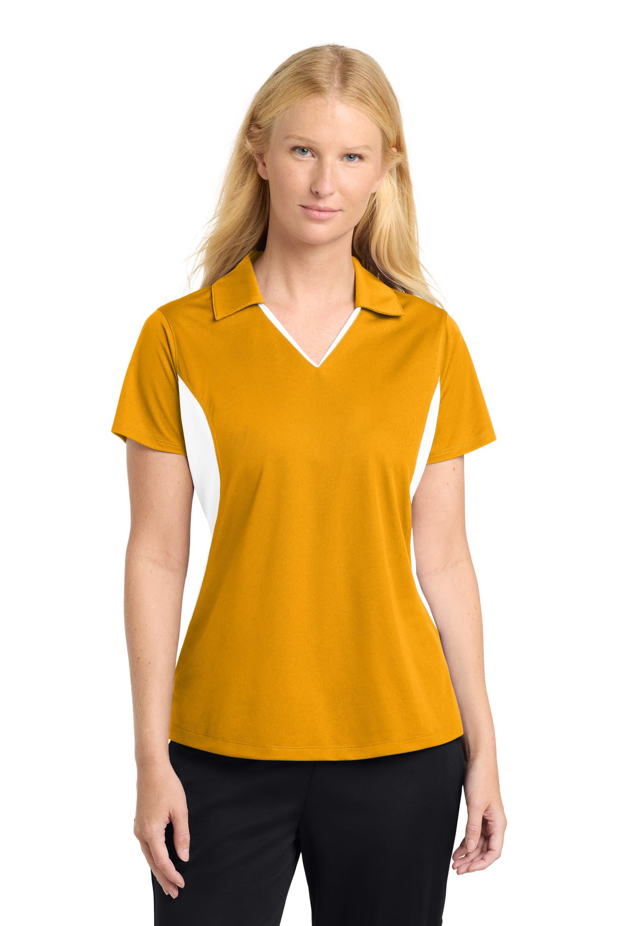 Front View of Gold/White Sport-Tek Women's Side Blocked Micropique Sport-Wick Polo. LST655