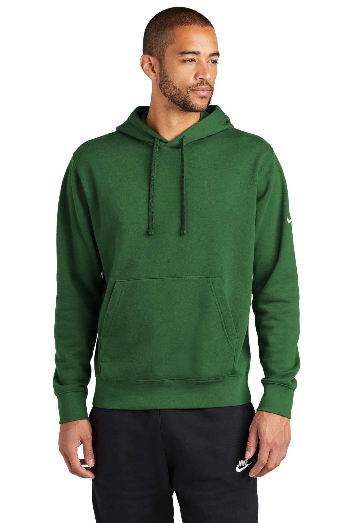 Front View of GorgeGreen Nike Club Fleece Sleeve Swoosh Pullover Hoodie NKDR1499