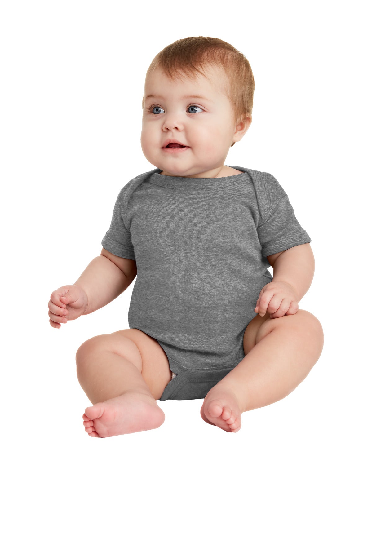 Front View of GraniteHtr Rabbit Skins Infant Short Sleeve Baby Rib Bodysuit. RS4400