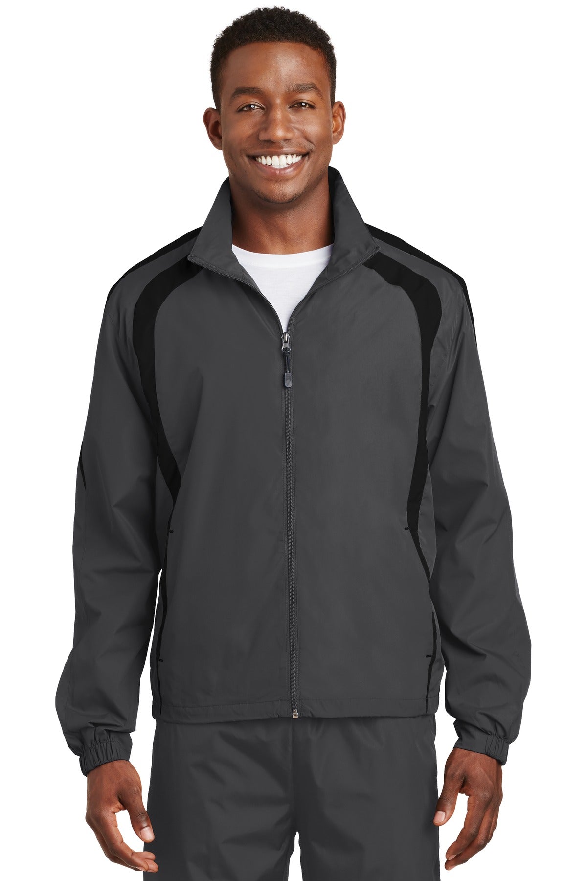 Front View of Graph Grey/Blk Sport-Tek Colorblock Raglan Jacket. JST60