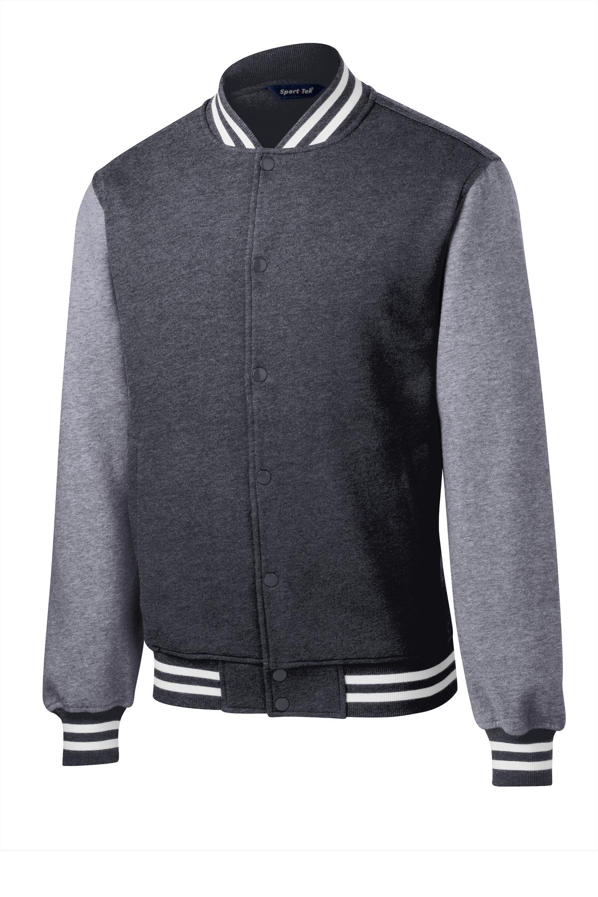 Front View of Graph He/VntHe Sport-Tek Fleece Letterman Jacket. ST270