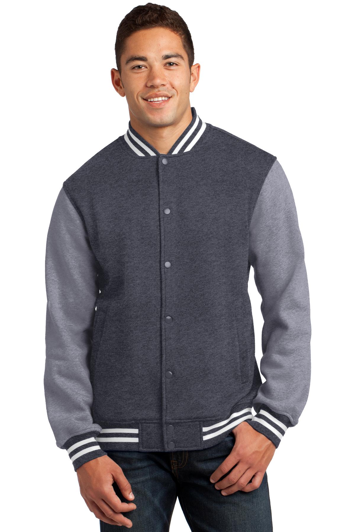 Front View of Graph He/VntHe Sport-Tek Fleece Letterman Jacket. ST270