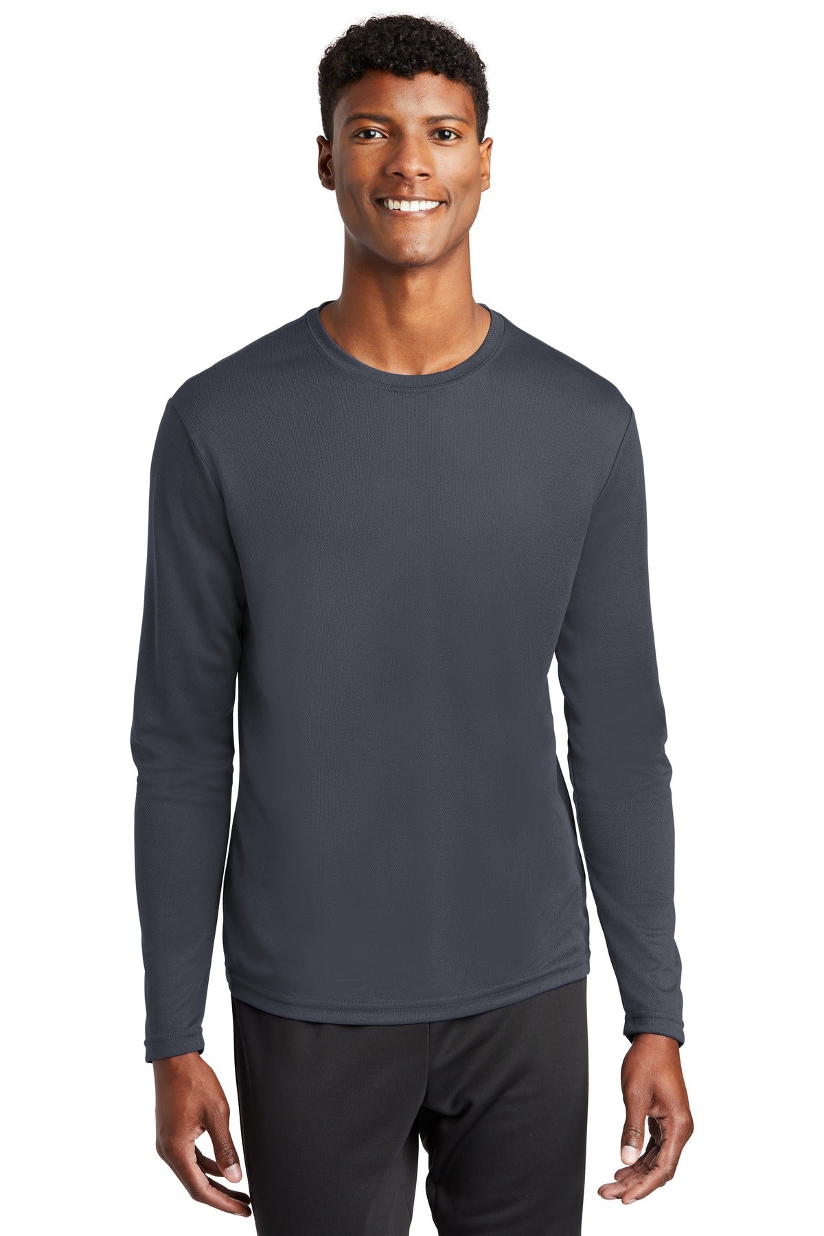 Front View of Graphite Grey Sport-Tek PosiCharge RacerMesh Long Sleeve Tee. ST340LS