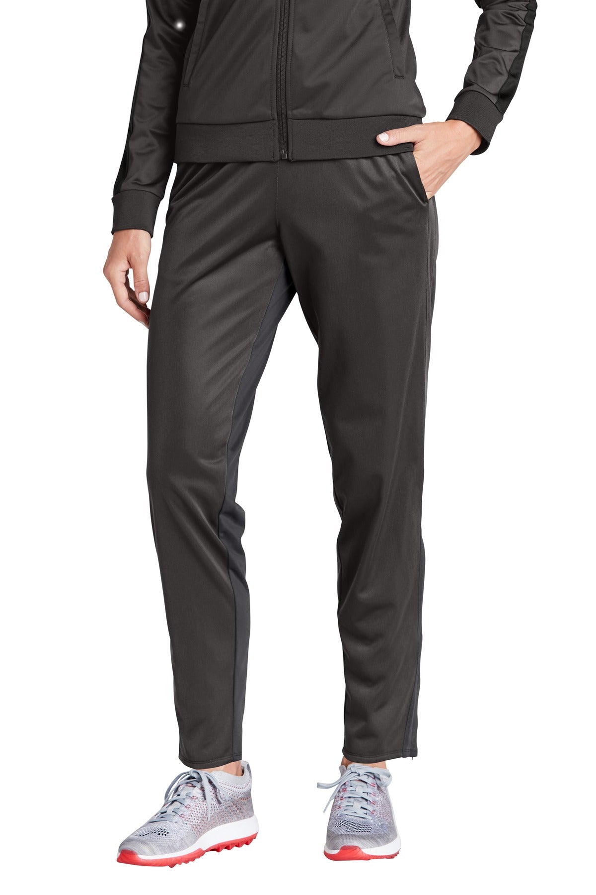 Front View of Graphite Grey Sport-Tek Women's Tricot Track Jogger. LPST95