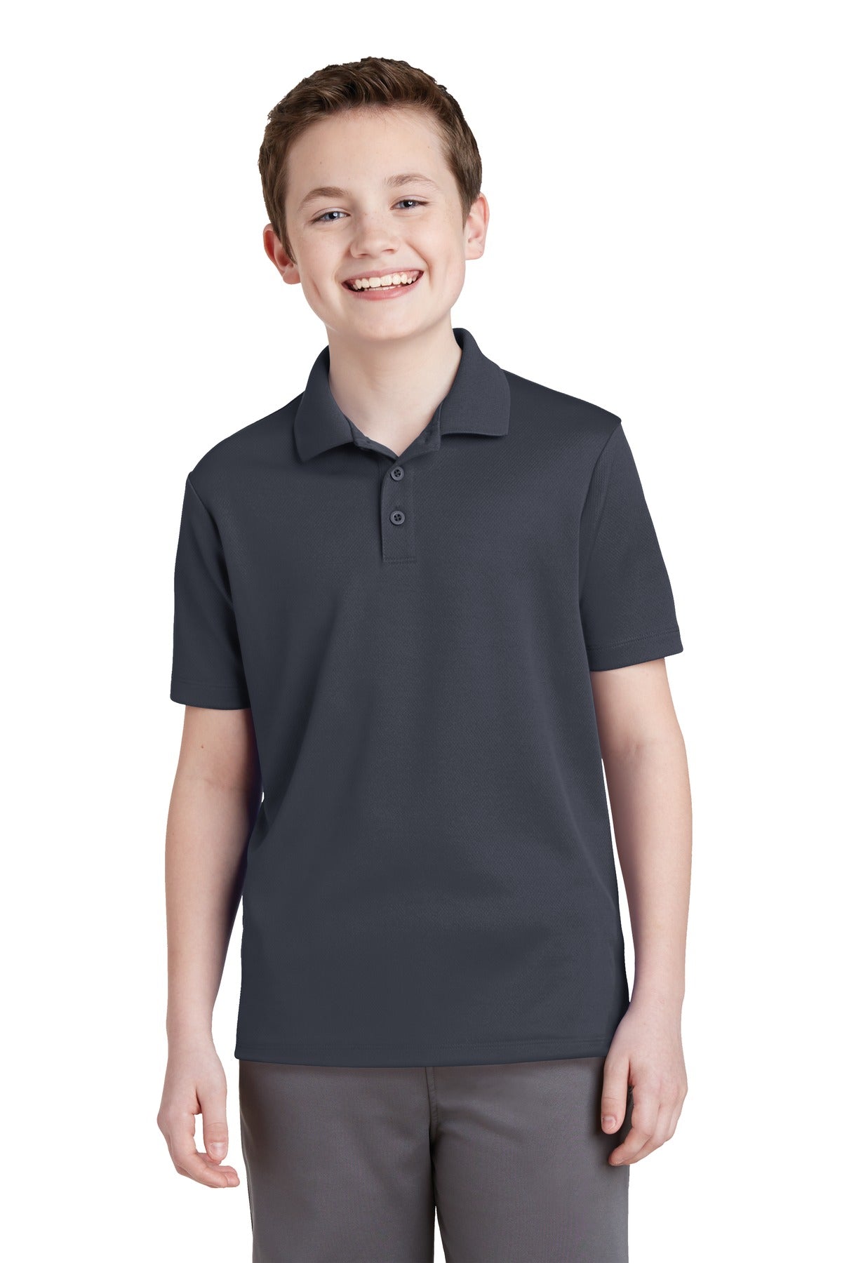 Front View of Graphite Grey Sport-Tek Youth PosiCharge RacerMesh Polo. YST640