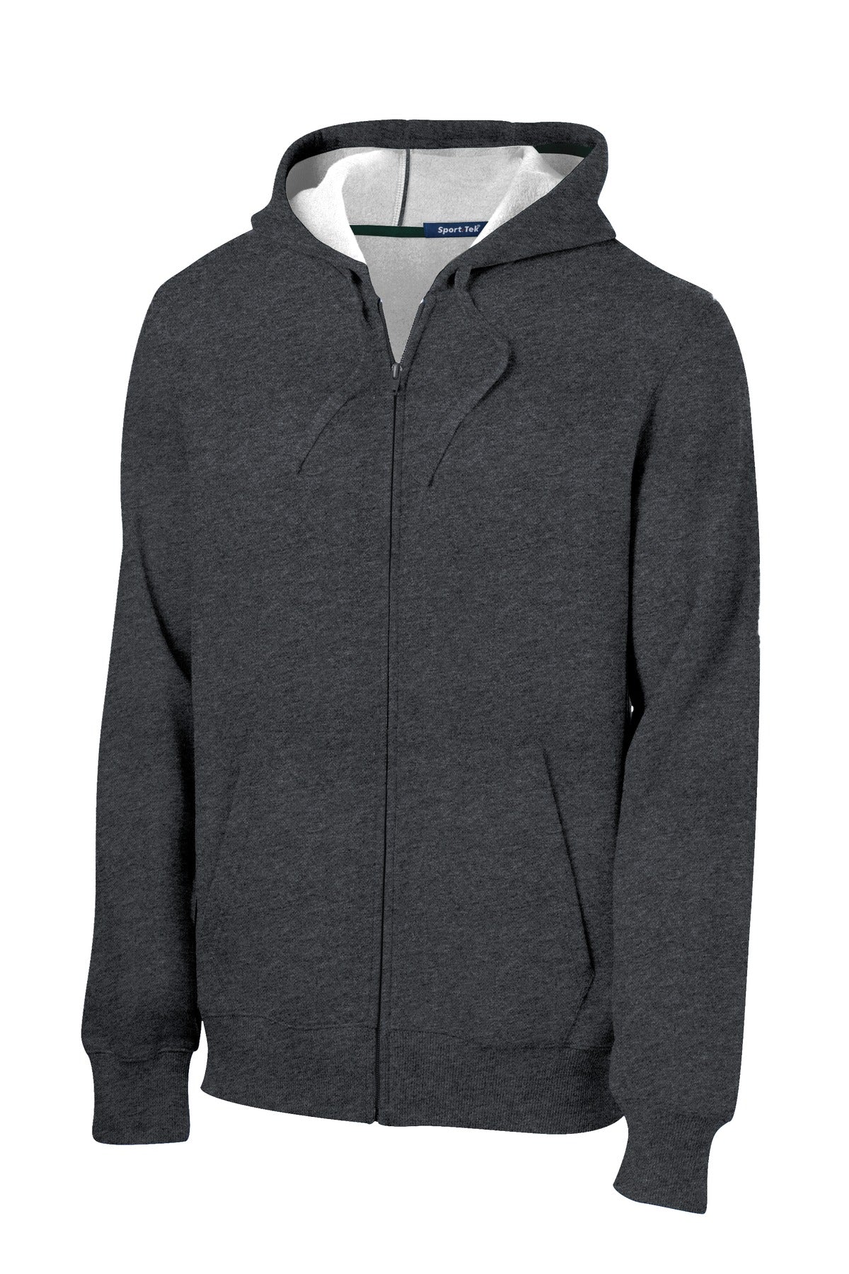 Front View of Graphite Hthr Sport-Tek Full-Zip Hooded Sweatshirt. ST258