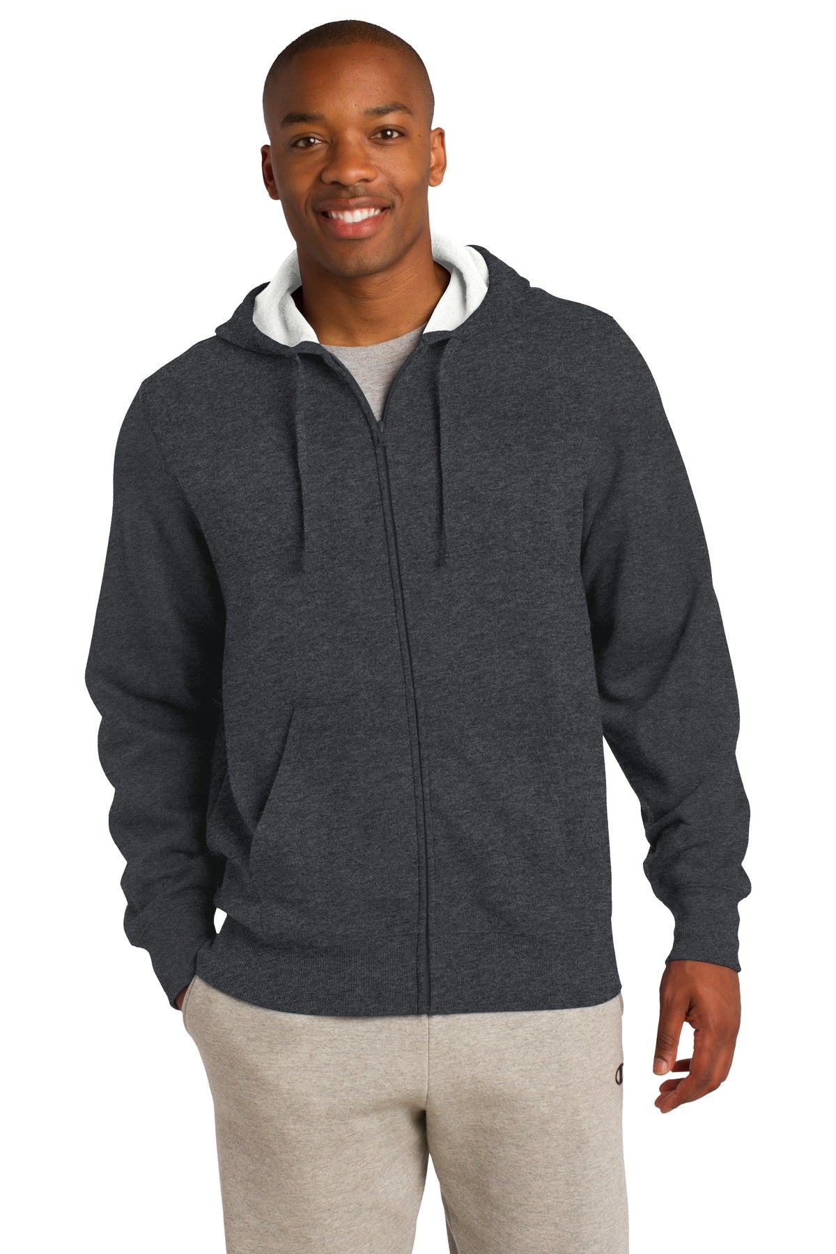 Front View of Graphite Hthr Sport-Tek Full-Zip Hooded Sweatshirt. ST258