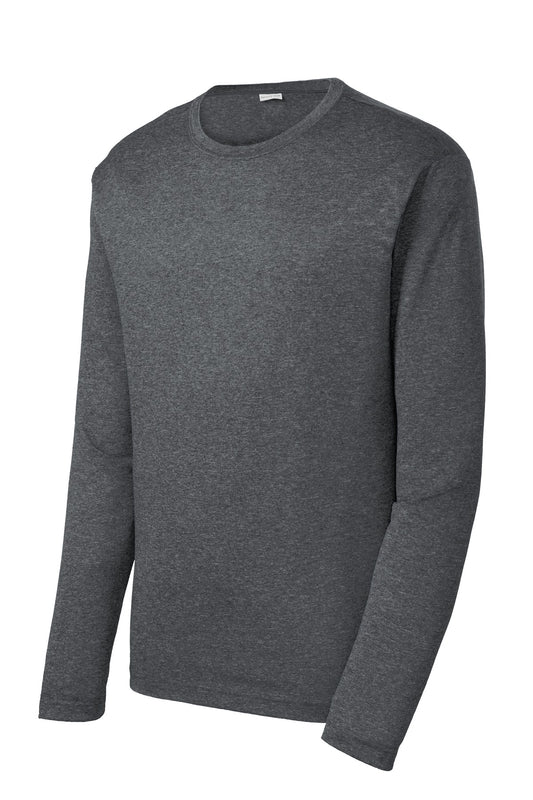 Front View of Graphite Hthr Sport-Tek Long Sleeve Heather Contender Tee. ST360LS