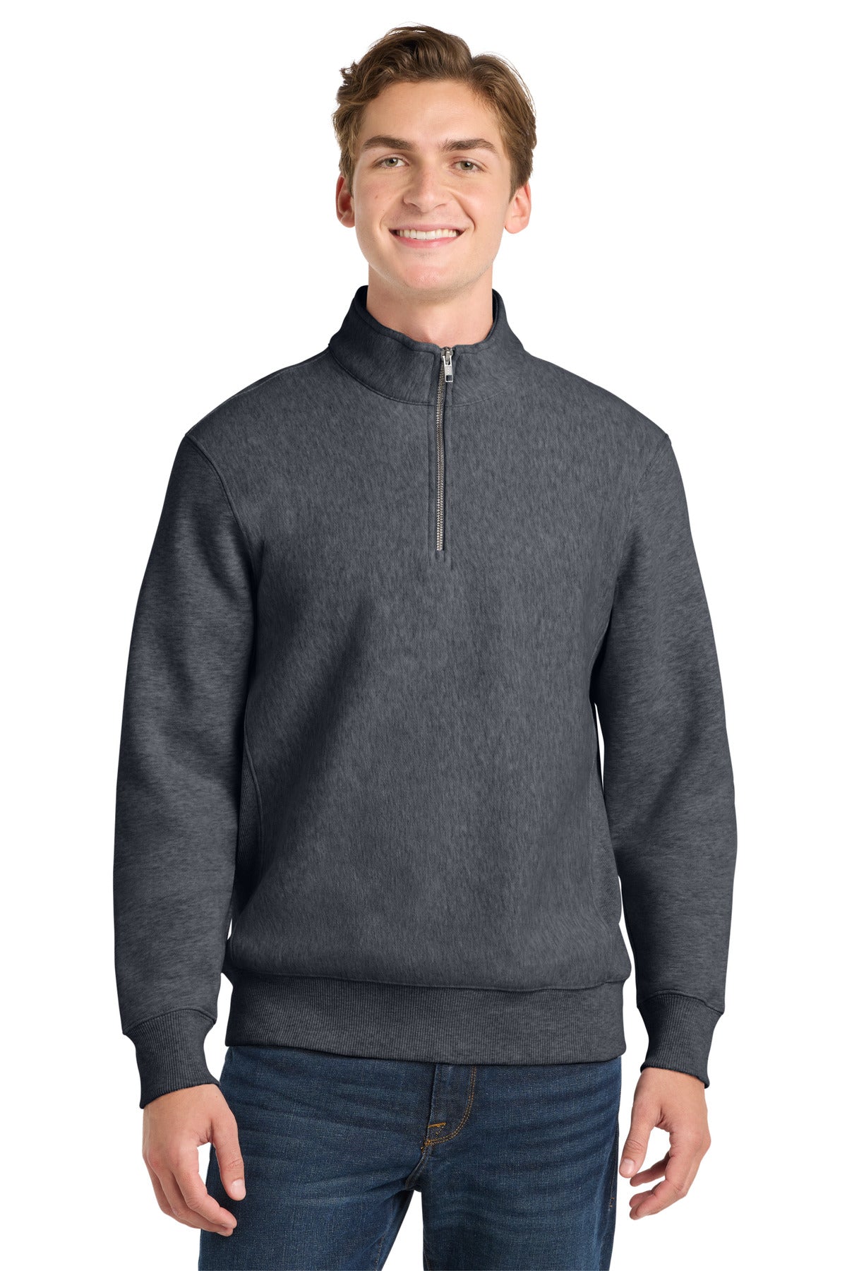 Front View of Graphite Hthr Sport-Tek Super Heavyweight 1/4-Zip Pullover Sweatshirt. ST283