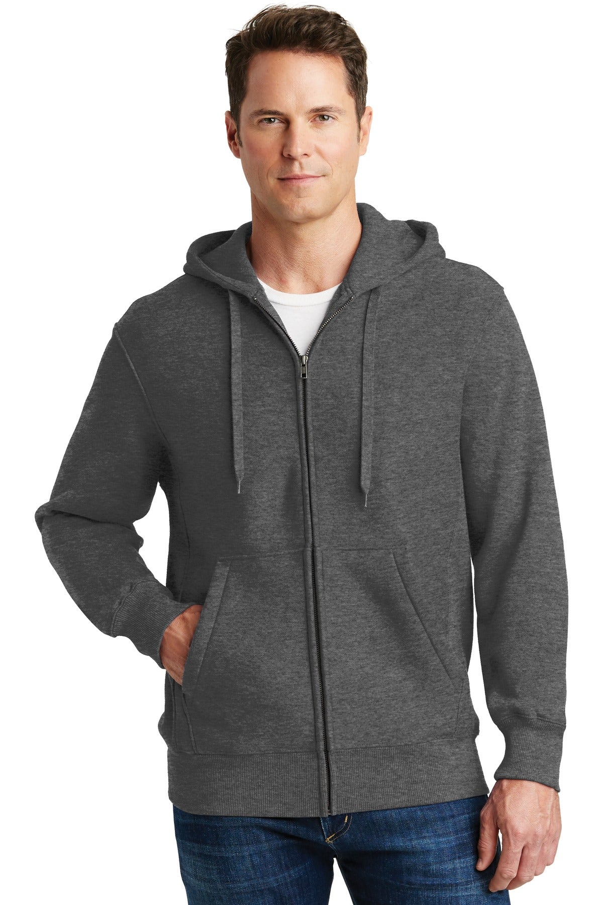 Front View of Graphite Hthr Sport-Tek Super Heavyweight Full-Zip Hooded Sweatshirt. F282