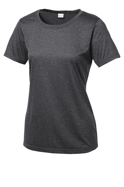 Front View of Graphite Hthr Sport-Tek Women's Heather Contender Scoop Neck Tee. LST360