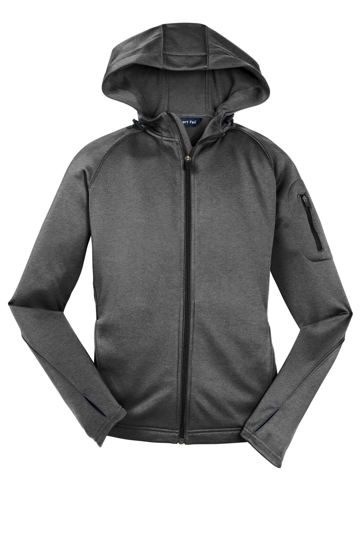 Front View of Graphite Hthr Sport-Tek Women's Tech Fleece Full-Zip Hooded Jacket. L248