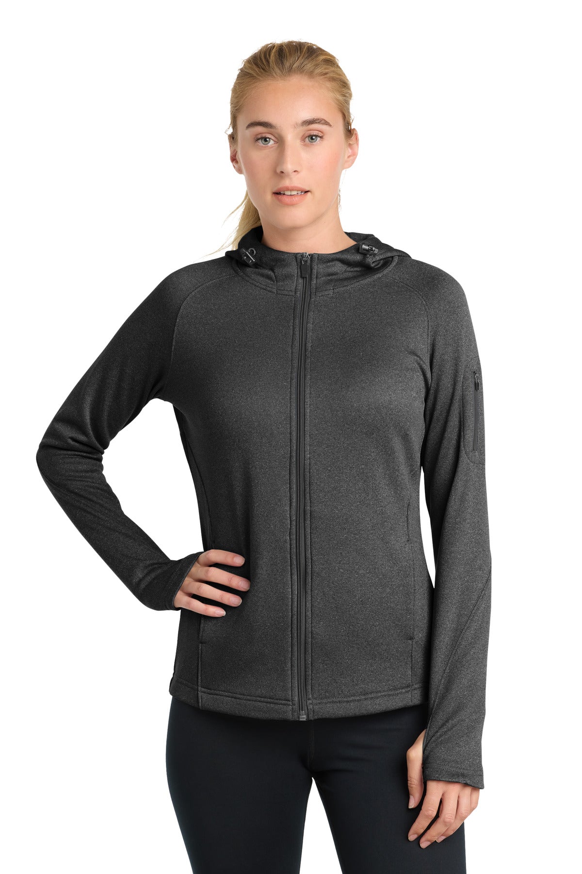 Front View of Graphite Hthr Sport-Tek Women's Tech Fleece Full-Zip Hooded Jacket. L248