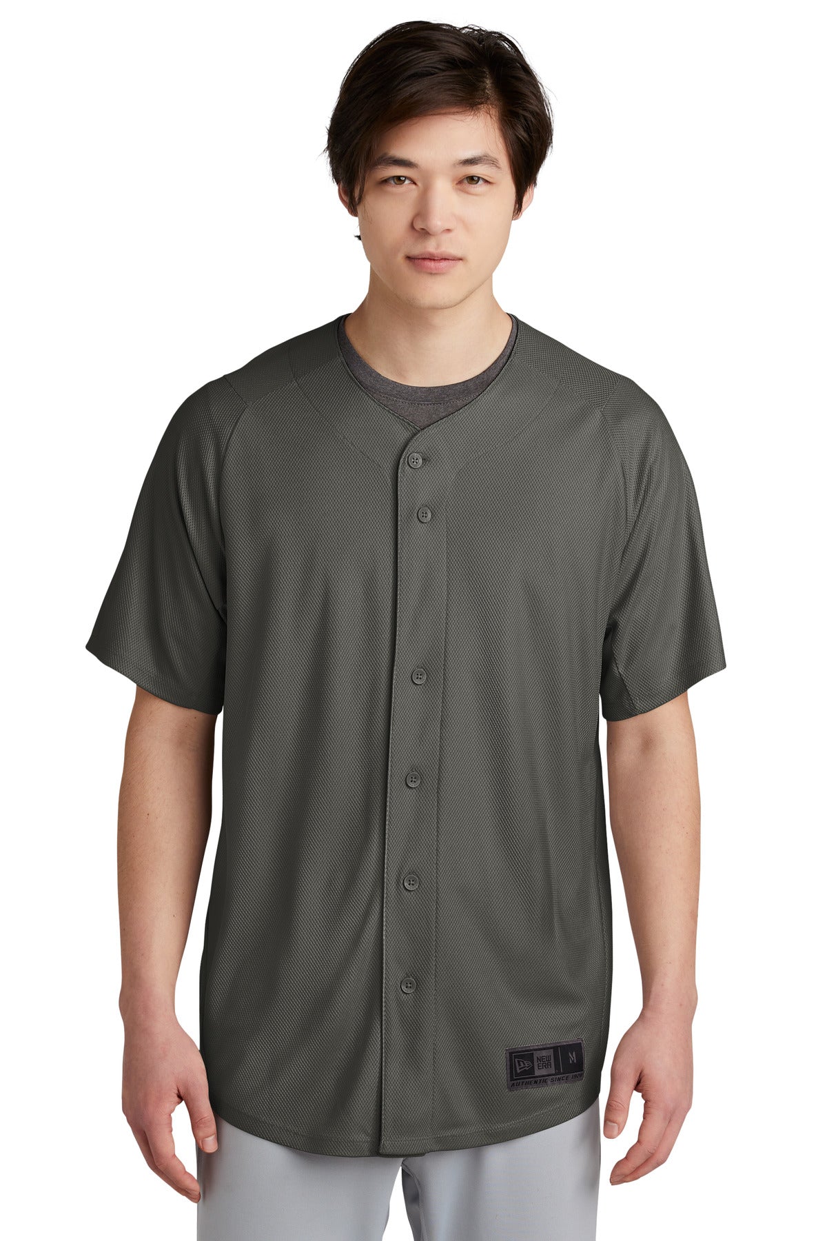 Front View of Graphite New Era Diamond Era Full-Button Jersey. NEA220