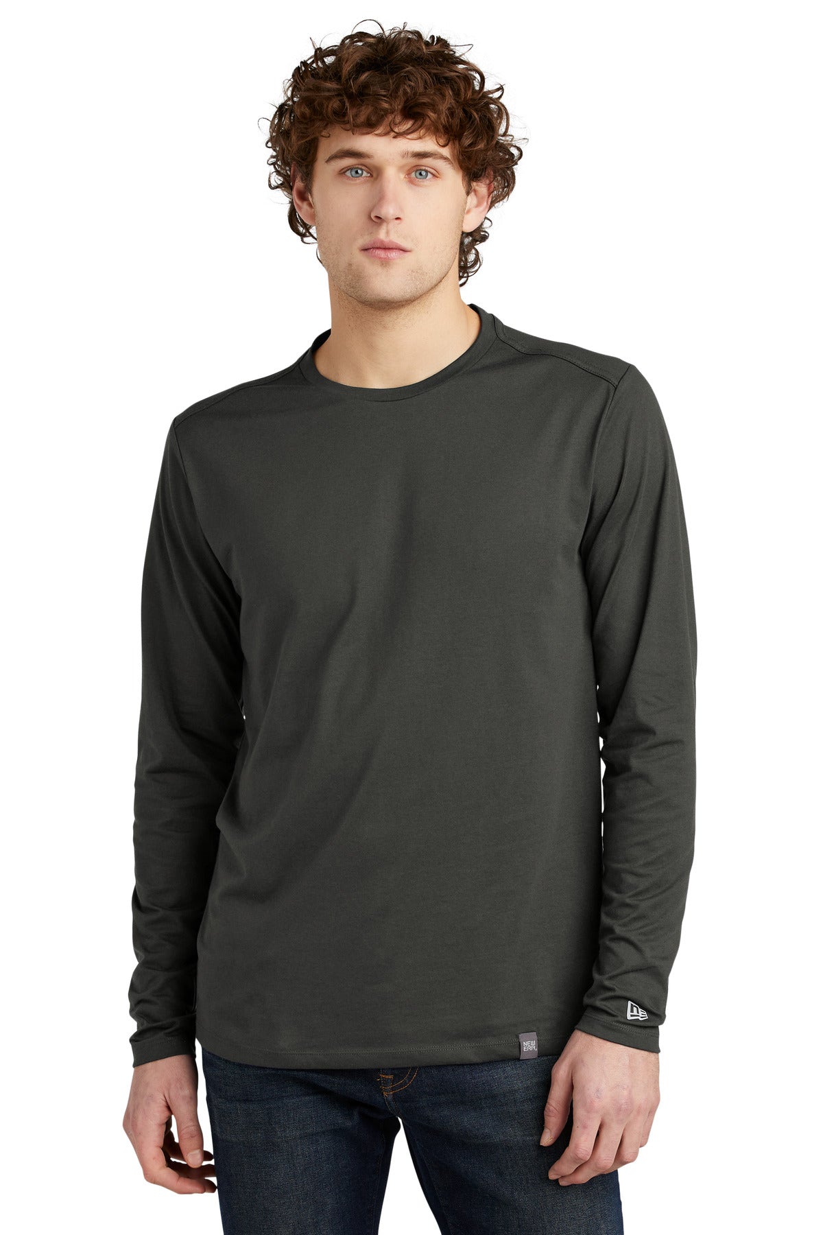 Front View of Graphite New Era Heritage Blend Long Sleeve Crew Tee. NEA102
