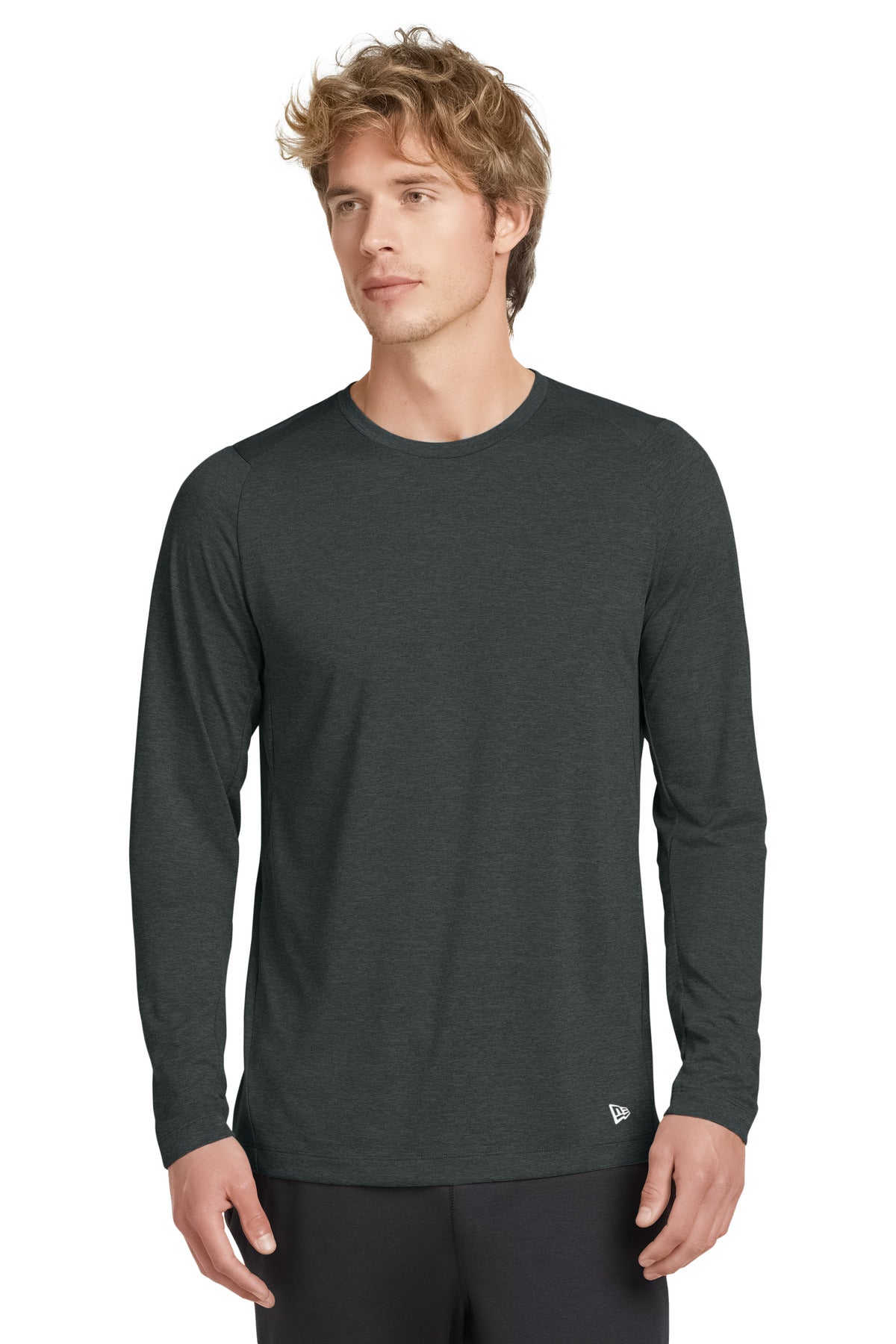 Front View of Graphite New Era Series Performance Long Sleeve Crew Tee. NEA201