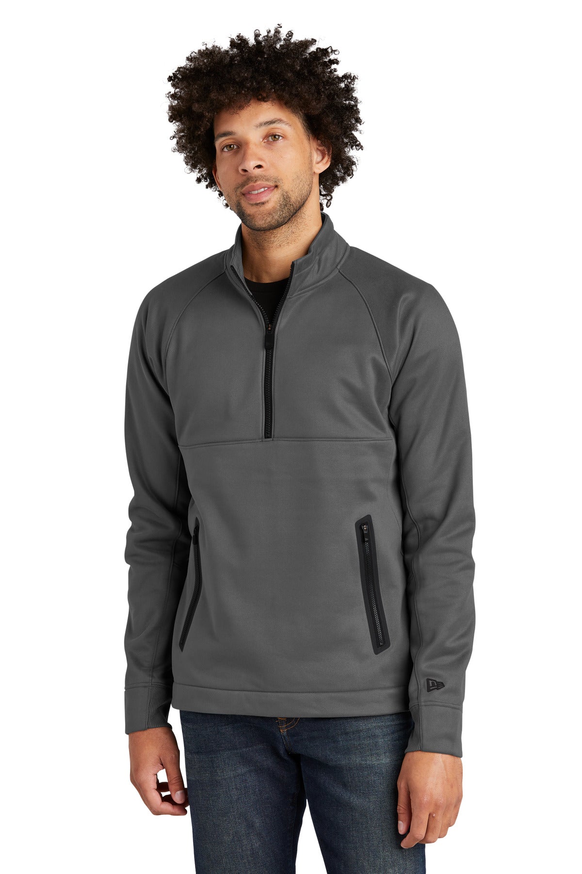 Front View of Graphite New Era Venue Fleece 1/4-Zip Pullover. NEA523