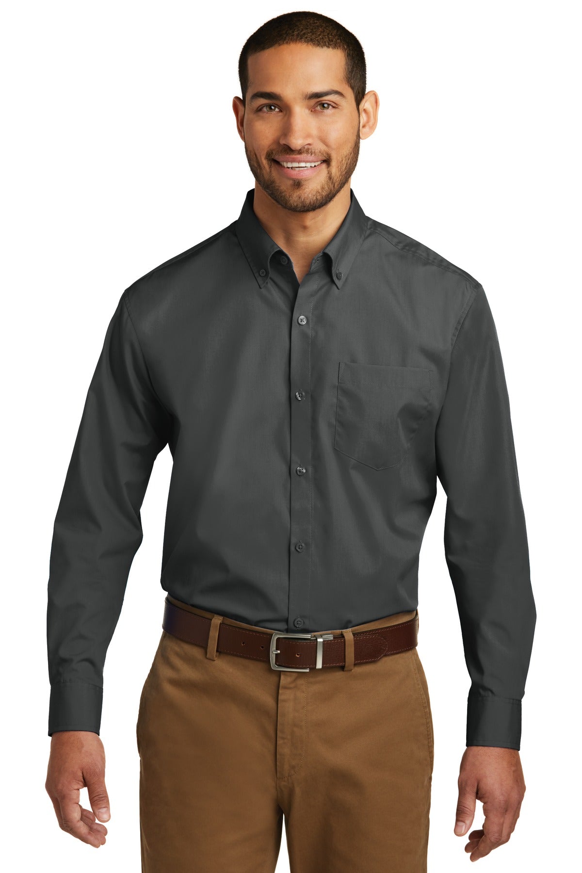 Front View of Graphite Port Authority Long Sleeve Carefree Poplin Shirt. W100