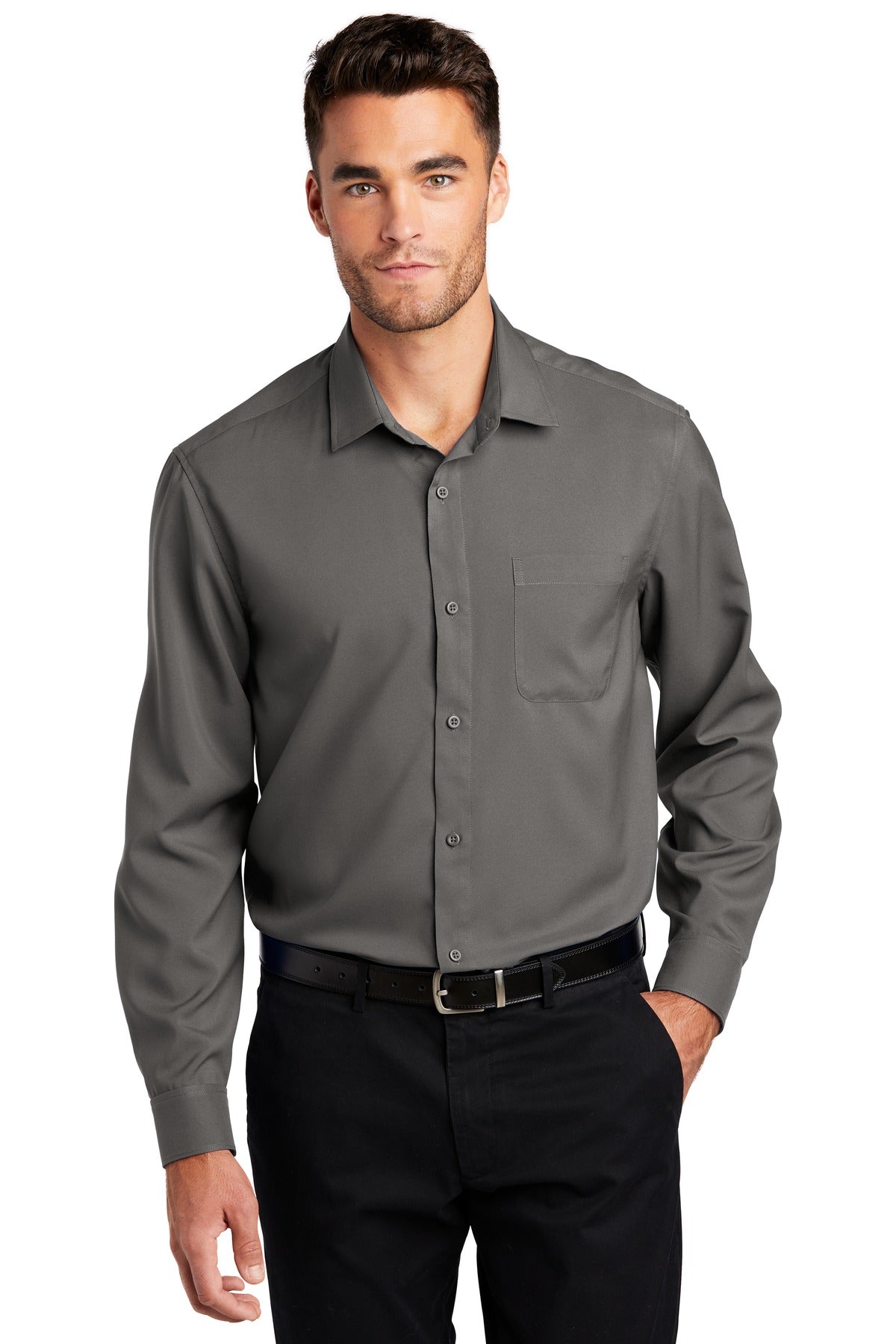 Front View of Graphite Port Authority Long Sleeve Performance Staff Shirt W401