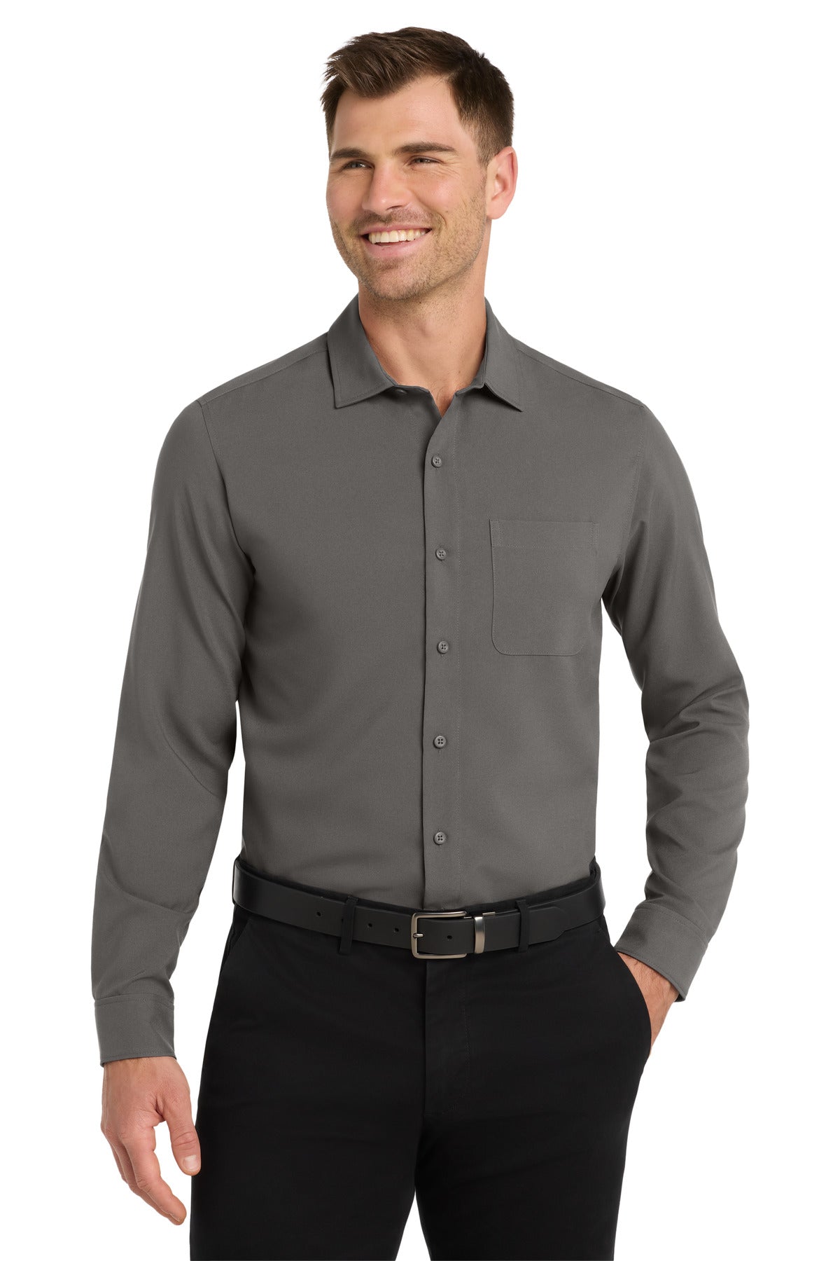 Front View of Graphite Port Authority Long Sleeve Performance Staff Shirt W401