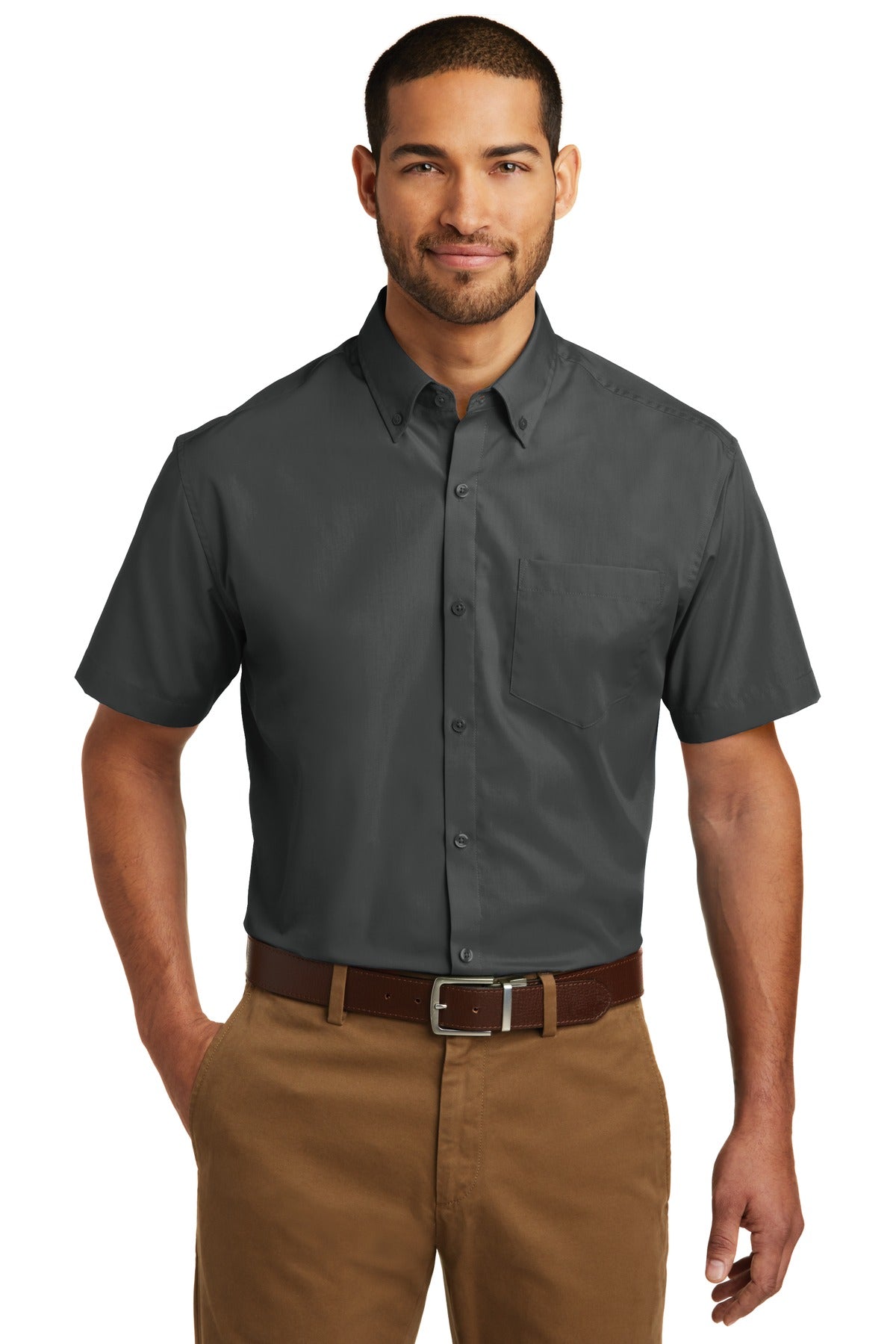 Front View of Graphite Port Authority Short Sleeve Carefree Poplin Shirt. W101
