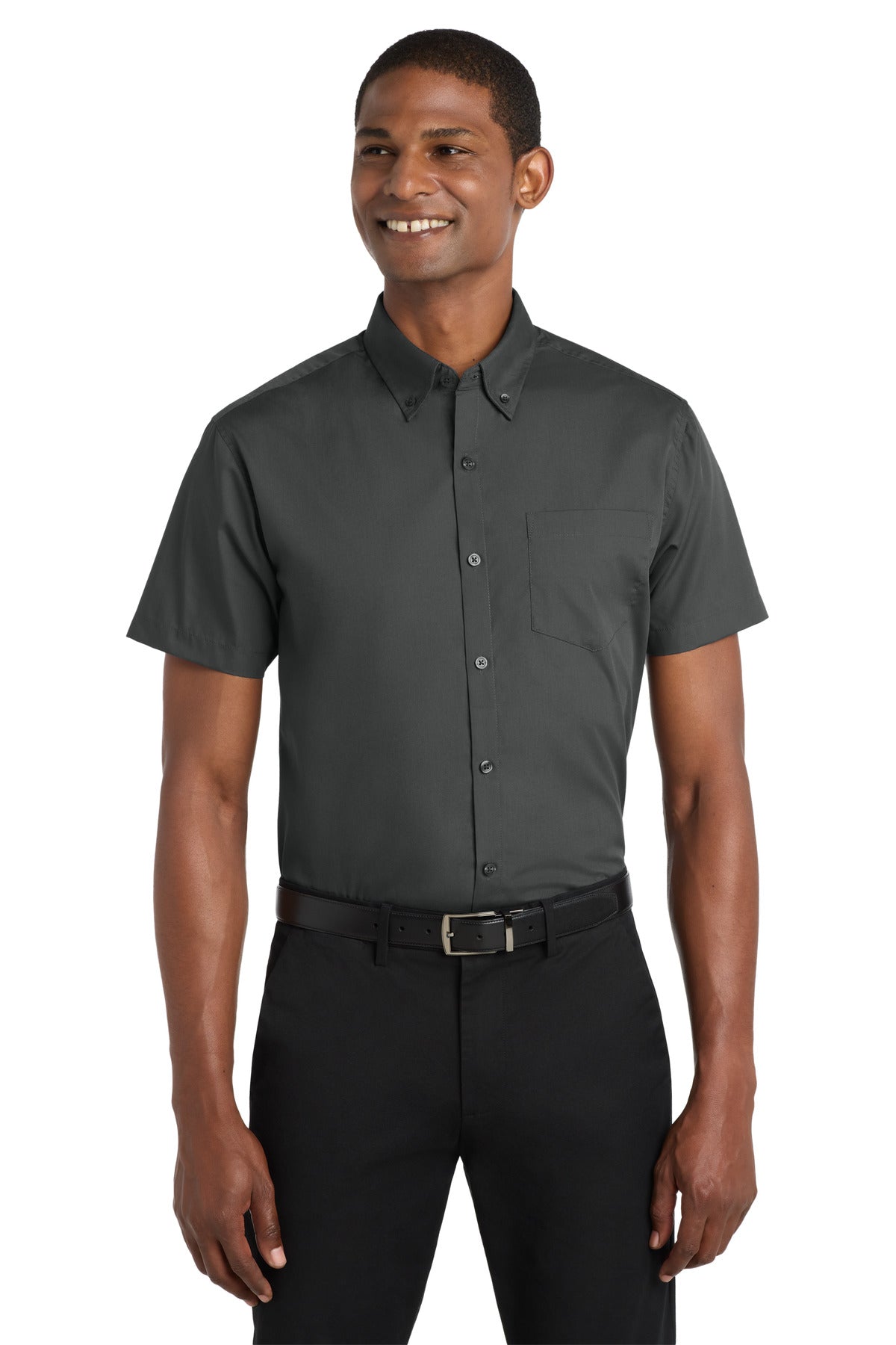 Front View of Graphite Port Authority Short Sleeve Carefree Poplin Shirt. W101