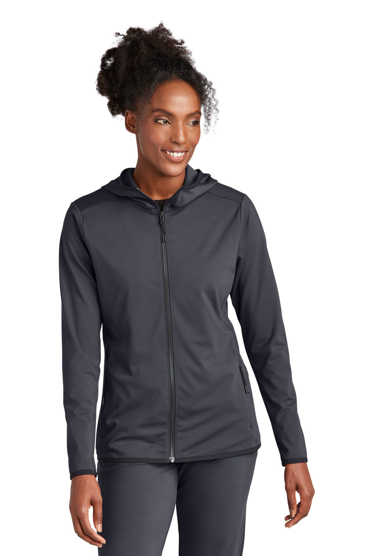Front View of Graphite Sport-Tek Women's Circuit Hooded Full-Zip LST870