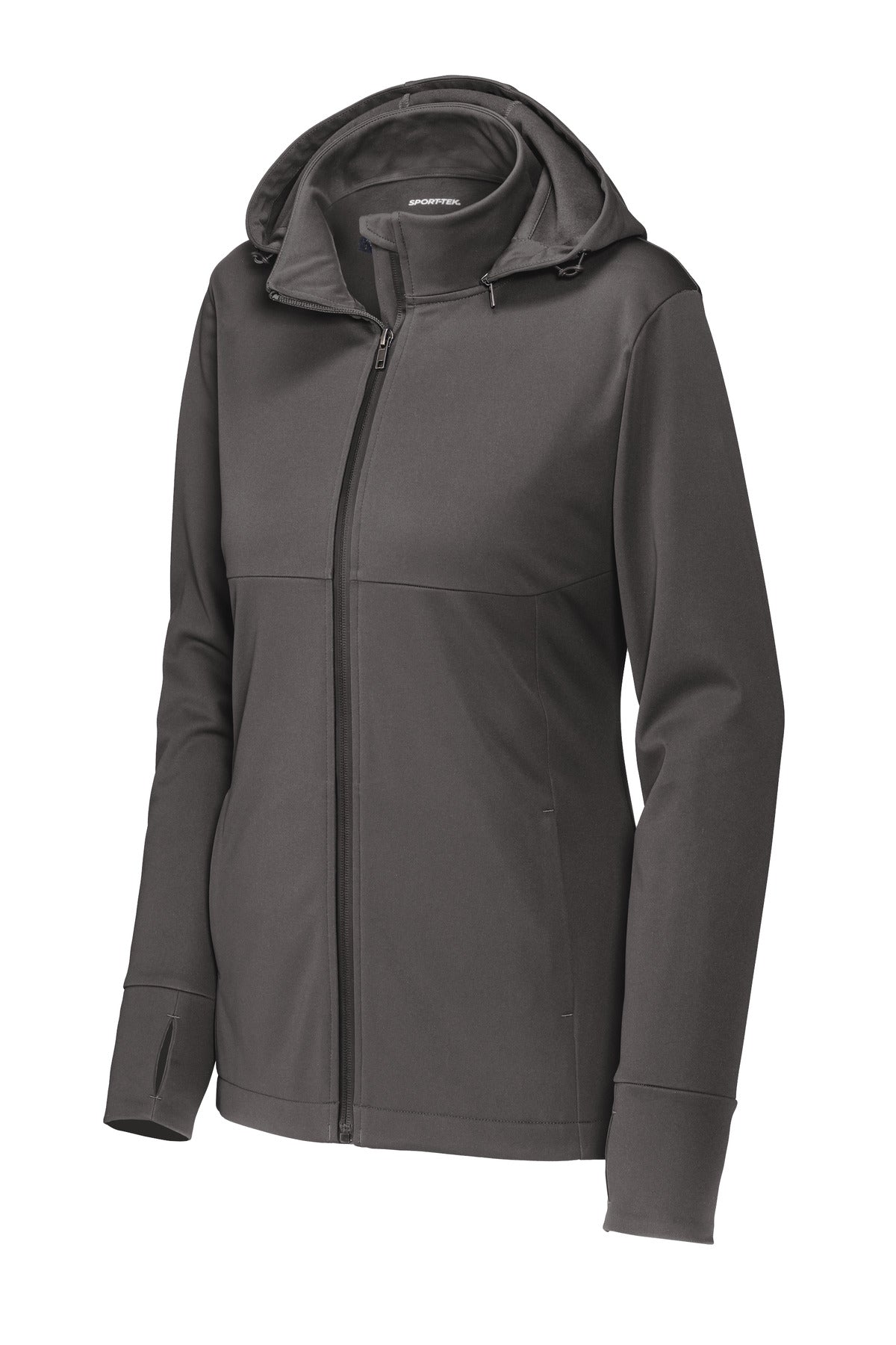 Front View of Graphite Sport-Tek Women's Hooded Soft Shell Jacket LST980