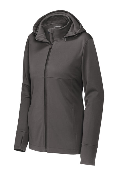 Front View of Graphite Sport-Tek Women's Hooded Soft Shell Jacket LST980