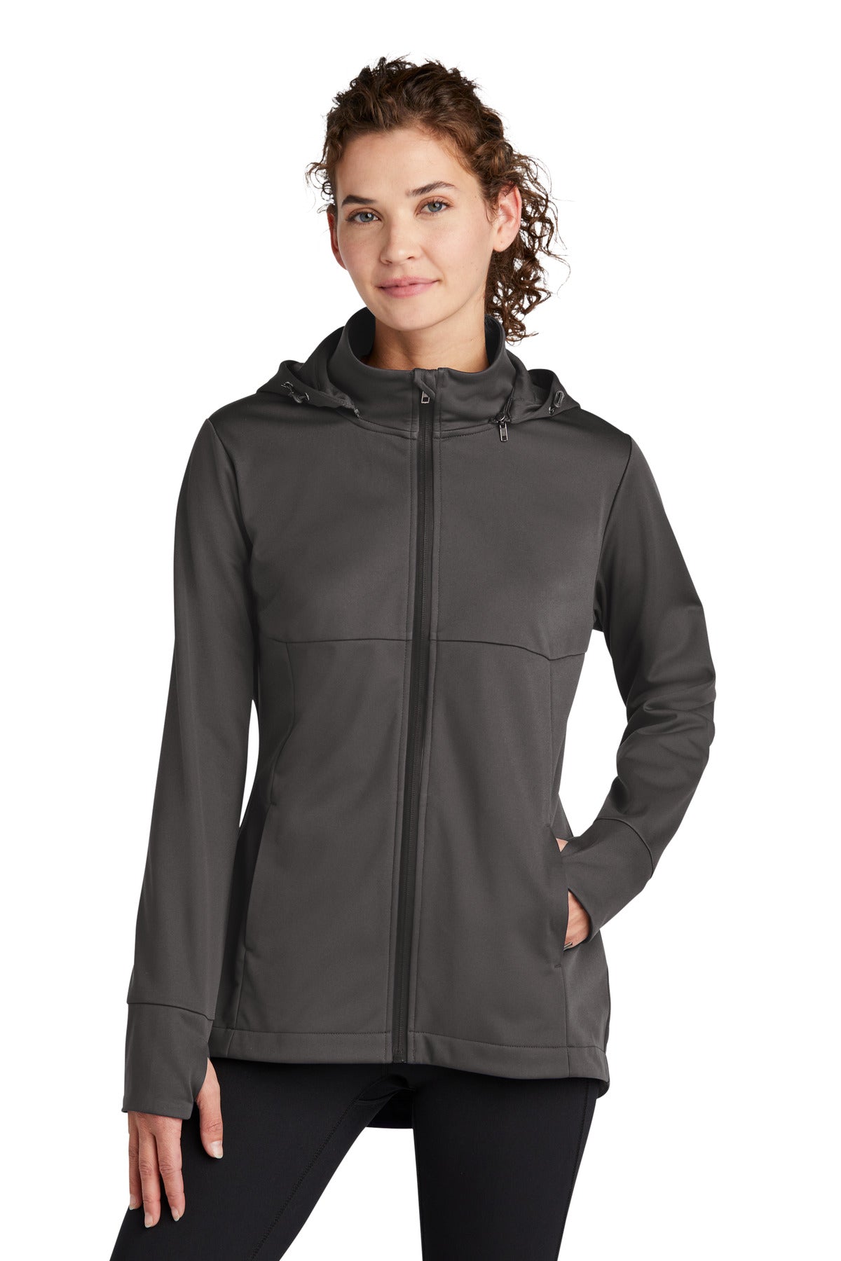 Front View of Graphite Sport-Tek Women's Hooded Soft Shell Jacket LST980