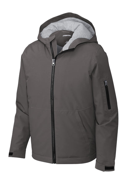Front View of Graphite Sport-Tek Youth Waterproof Insulated Jacket YST56