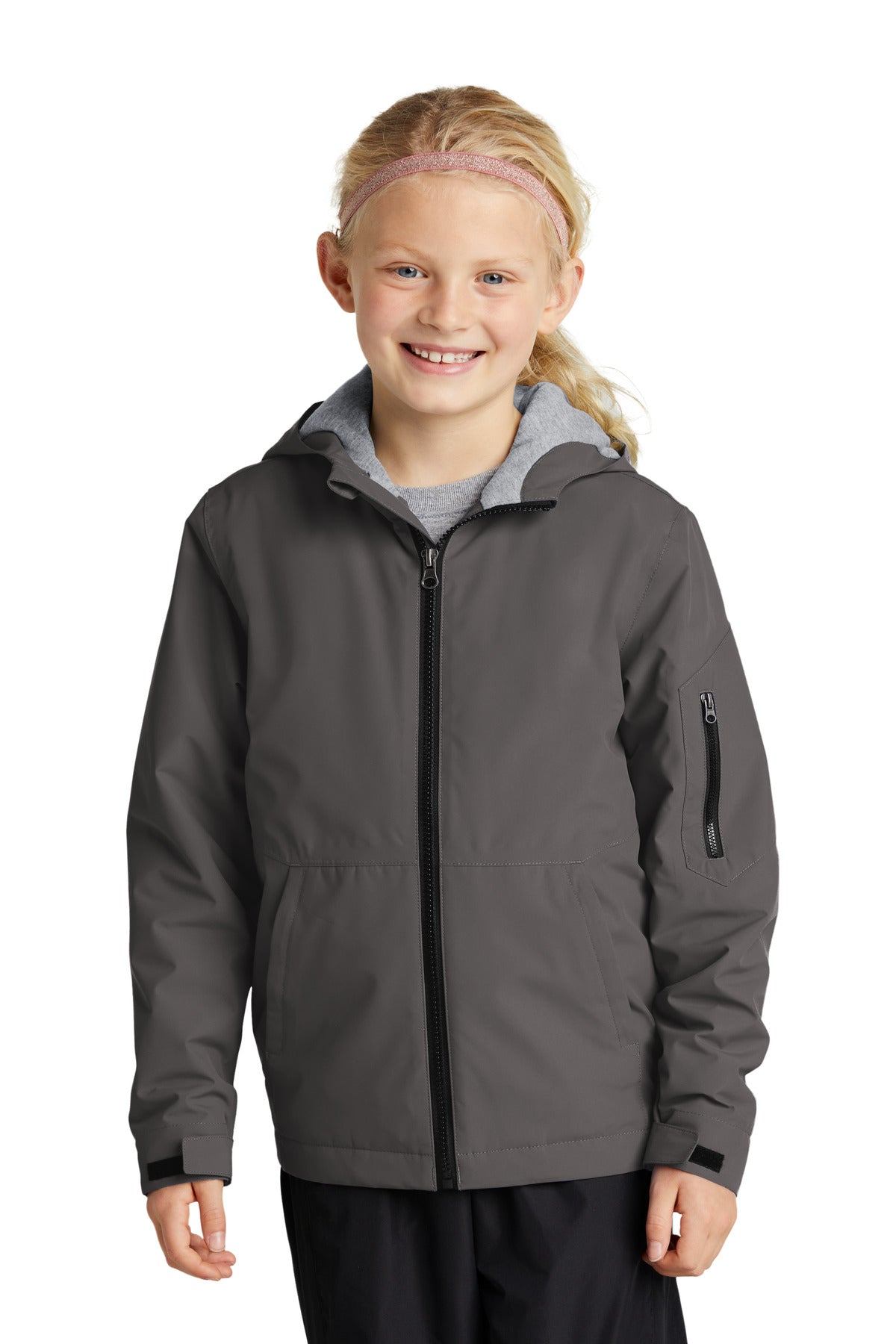 Front View of Graphite Sport-Tek Youth Waterproof Insulated Jacket YST56