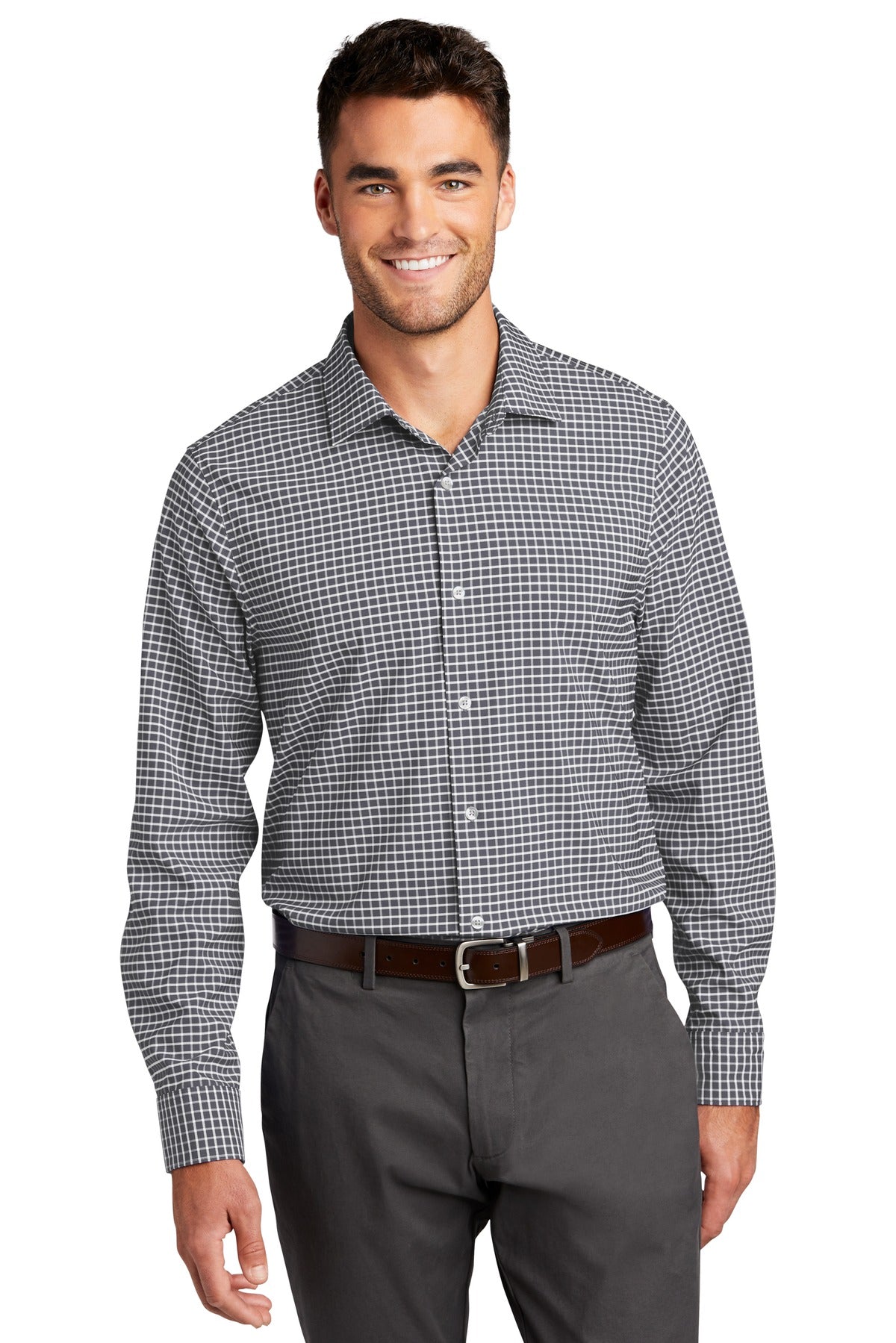 Front View of Graphite/White Port Authority City Stretch Shirt W680