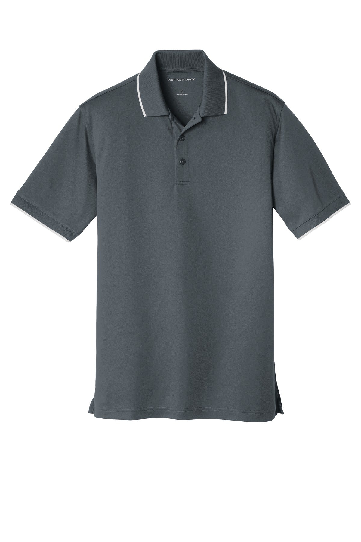 Front View of Graphite/White Port Authority Dry Zone UV Micro-Mesh Tipped Polo. K111