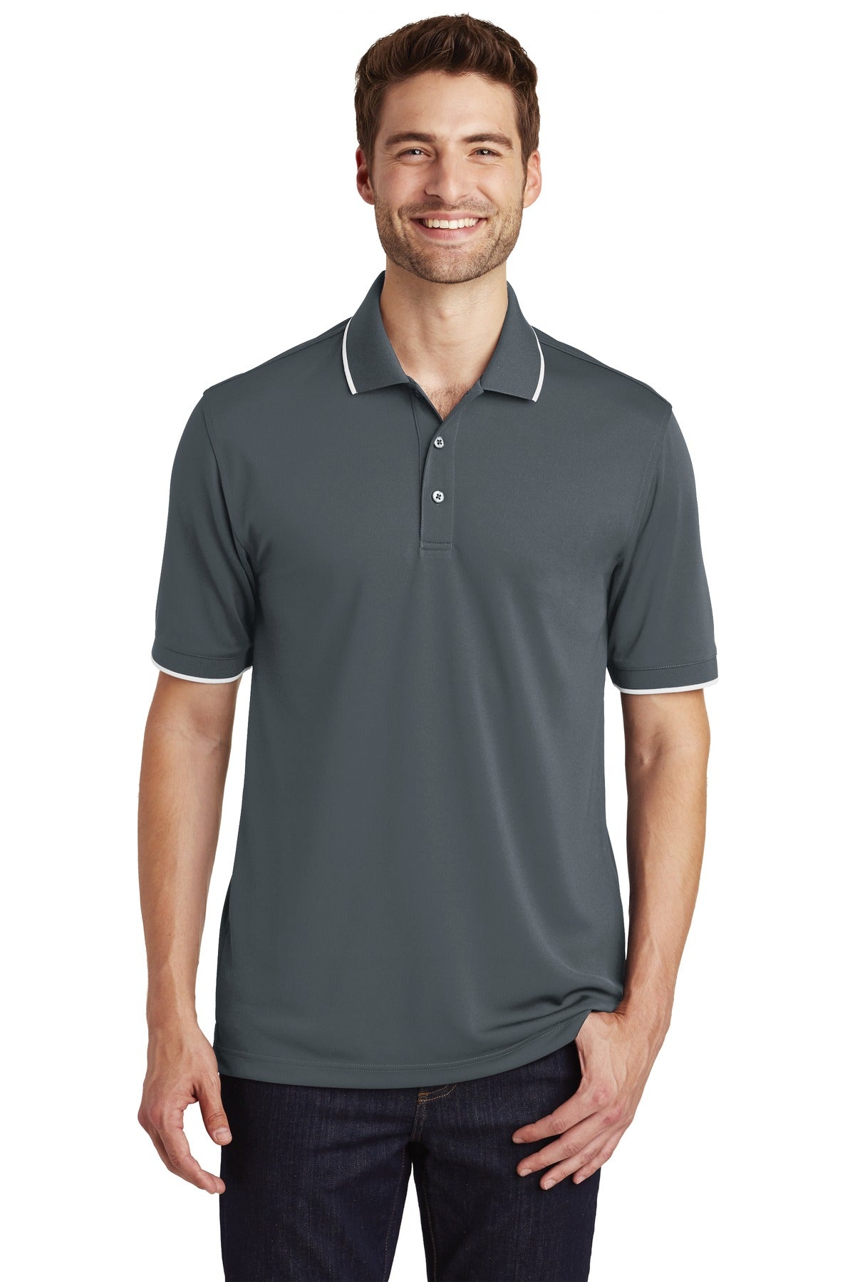 Front View of Graphite/White Port Authority Dry Zone UV Micro-Mesh Tipped Polo. K111