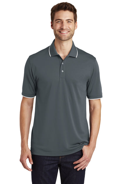 Front View of Graphite/White Port Authority Dry Zone UV Micro-Mesh Tipped Polo. K111