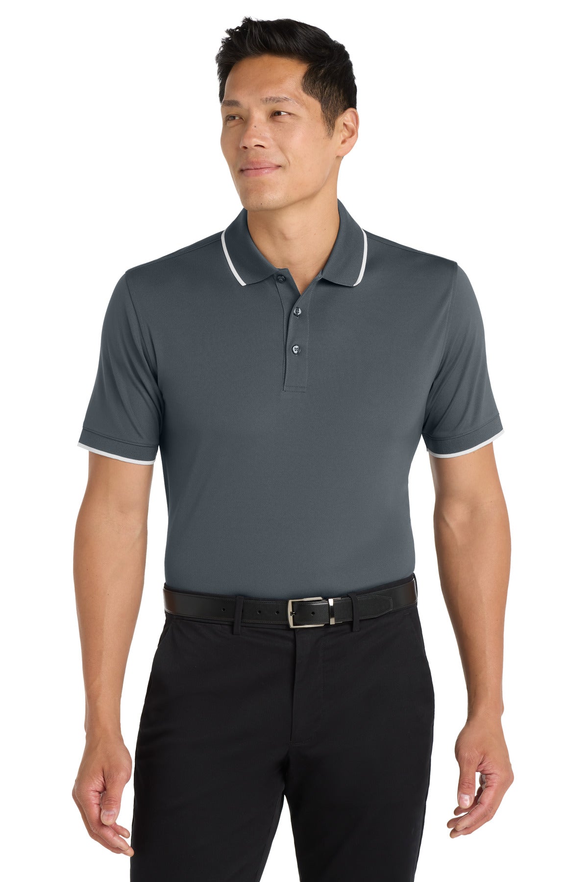 Front View of Graphite/White Port Authority Dry Zone UV Micro-Mesh Tipped Polo. K111