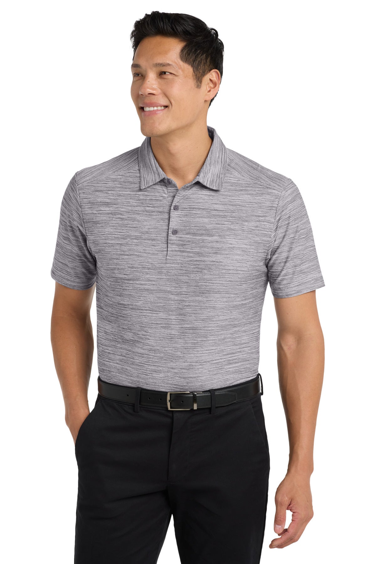 Front View of Graphite/White Port Authority Stretch Heather Polo K583